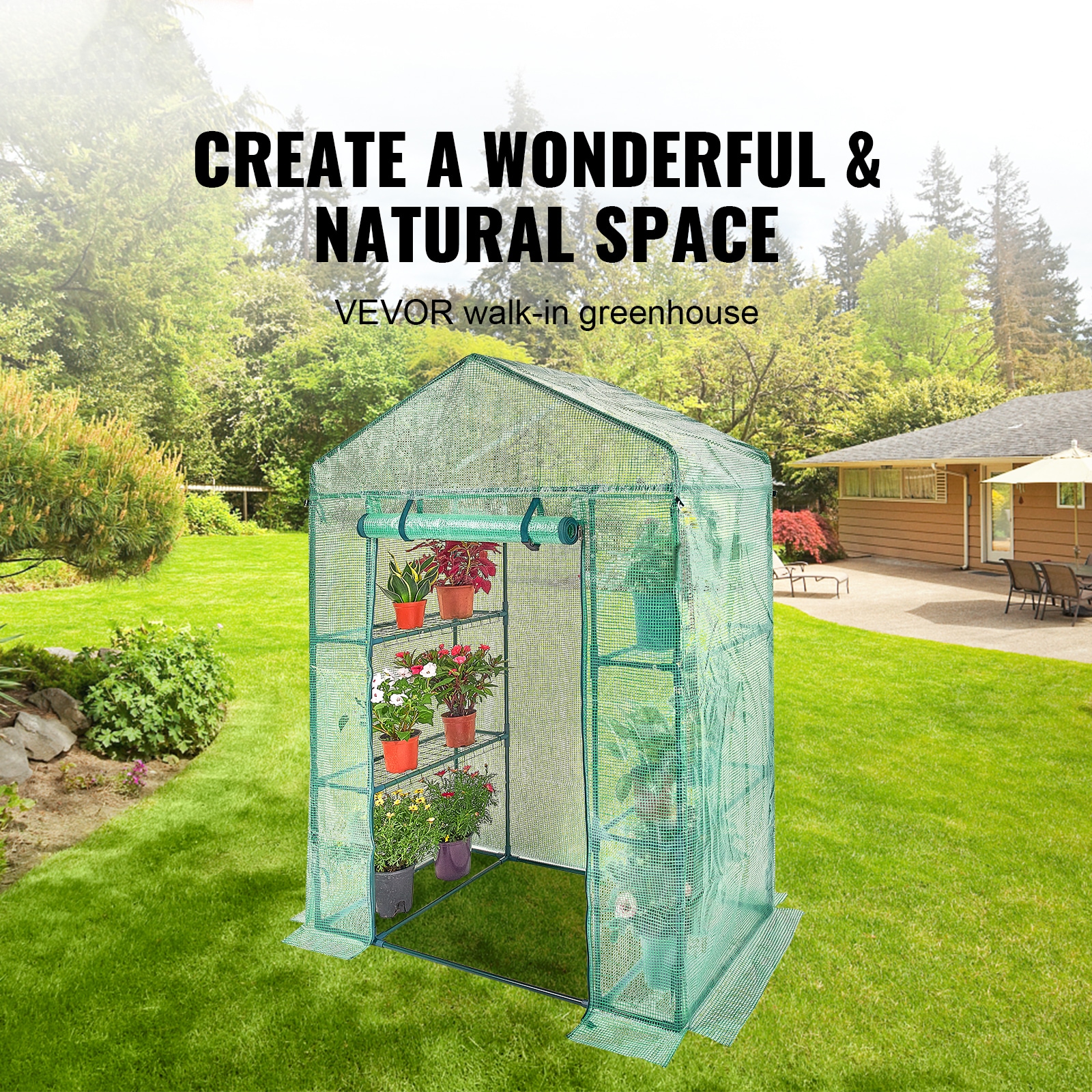Walk-in Green House, 4.6 X 2.4 X 6.7 Ft, Greenhouse With Shelves, High Strength PE Cover With Doors, Windows And Steel Frame, Set Up In Minutes, For Planting And Storage_maomaolike.com